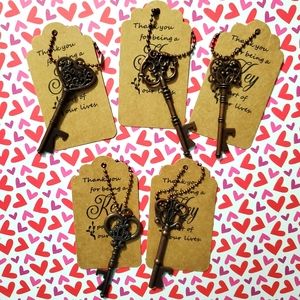 😀 HANDCRAFTED set of 5 key chain cap openers with Thank you tags. Charms